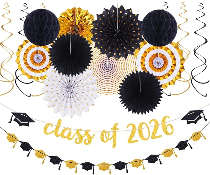 Black Gold Party-Decorations Graduation Banner-Streamers - 18pcs Kits Class of 2026 Garland, Paper Tissue Pom Poms Fan, Honeycomb Lanterns Congrate Grad Congratulations Decor Panduola