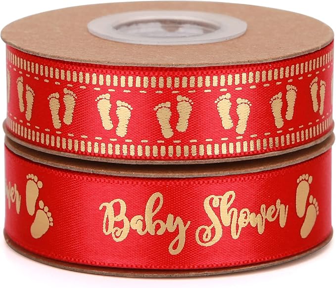 Meseey 20 Yards Baby Ribbon Foot Print Red and Gold Ribbons for Crafts Cake Baby Shower Birthday,Gift Wrapping, Party Decoration (red)