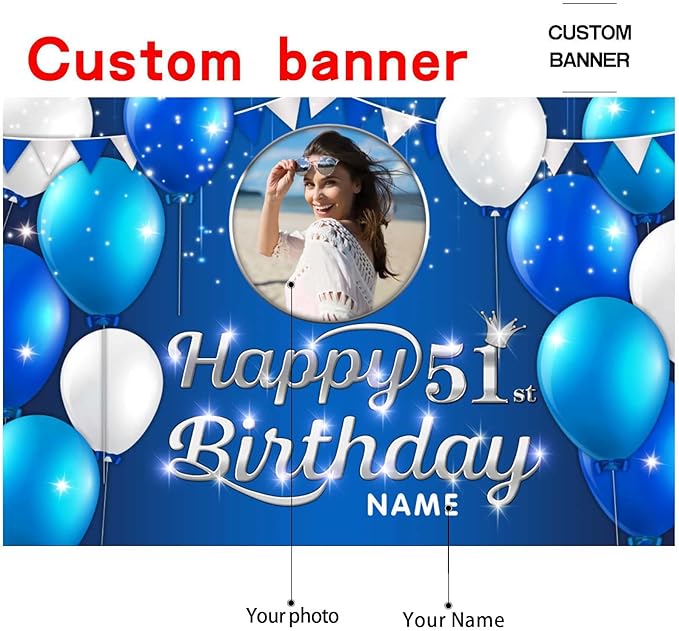 Custom Happy 51st Birthday Decoration Banner - Personalized Navy Blue Birthday Party Banner in Large Sizes-Custom Photos and Names