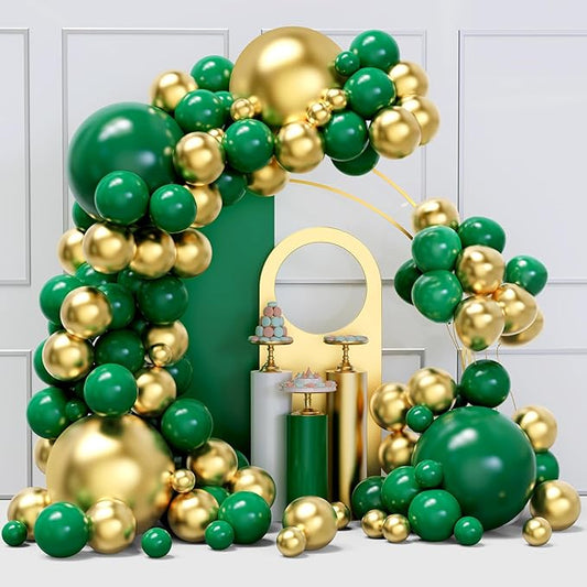Green and Gold Balloons Arch Garland Kit, 134pcs Metallic Gold and Dark Green Balloons with Different Size for Birthday, Graduation, St. Patrick's Day, Baby Shower, Jungle Party Decorations…