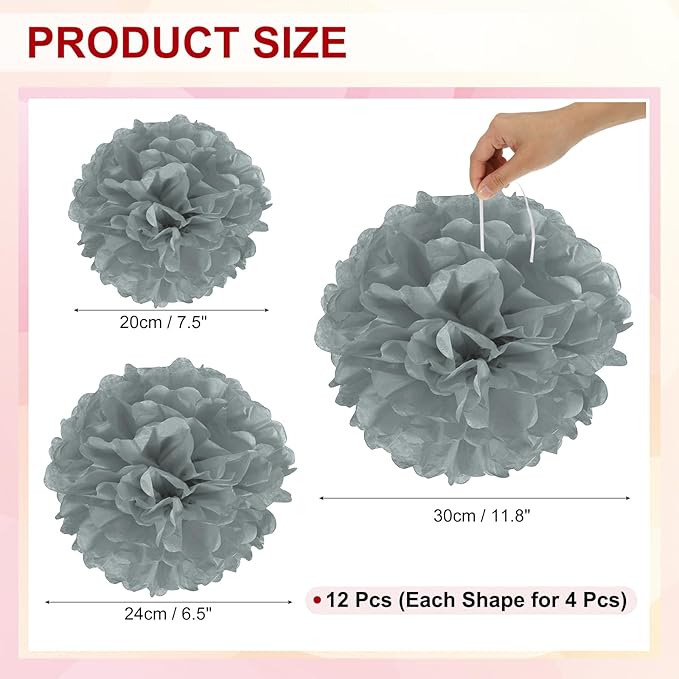 PATIKIL 8" 10" 12" Tissue Paper Pom Poms, 12PCS Pom Poms Paper Flowers Ball Tissue Paper Flowers for Wedding Bridal Shower Birthday Bachelorette Party Backdrop Decoration, Grey
