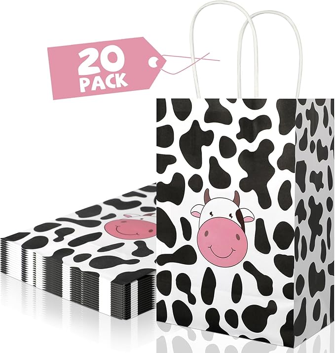 20Pcs Cow Party Favors Bags with Handles, Farm Themed Kraft Paper Gift Bags Candy Bags, Cute Cow Print Goodie Bags for Girls Boys Birthday Baby Shower