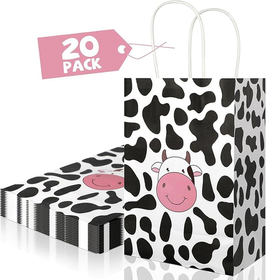 20Pcs Cow Party Favors Bags with Handles, Farm Themed Kraft Paper Gift Bags Candy Bags, Cute Cow Print Goodie Bags for Girls Boys Birthday Baby Shower