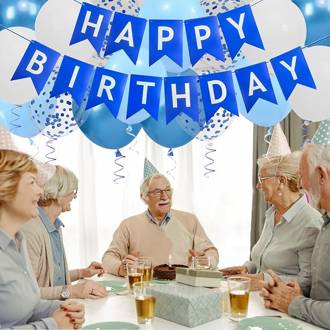 Happy Birthday Banner, Blue Birthday Decoration, 16 Pcs 12in Balloons with 2 Ribbons for Boys and Men Any Ages Party Decoration