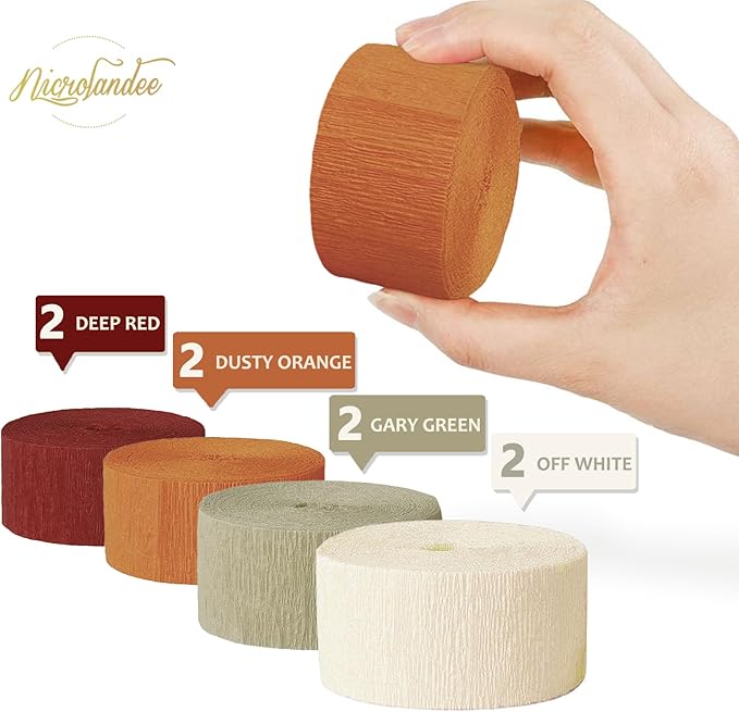 NICROLANDEE 8 Rolls Orange Burgundy Green Crepe Paper Streamers for Wedding, Birthday, Baby Shower, Bride Shower, Fall Decor, Garden Party, Woodsy Party Decorations