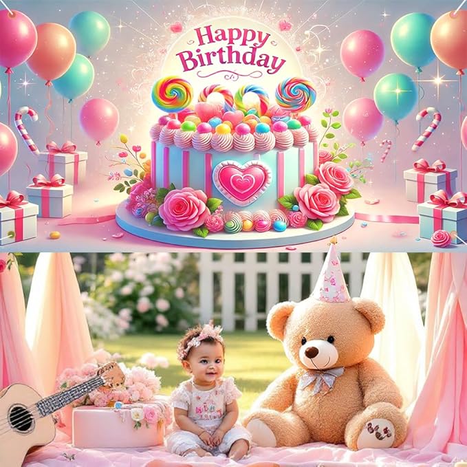 Happy Birthday Cake Decoration Banner 71x43 Inch, Pink and Gold Balloons Theme, Ideal for Cake Photoshoots, Birthday Parties, and Event Decorations