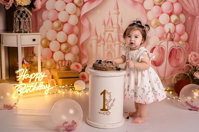 Kate Pink Castle Bow Backdrop for Kids Birthday Party Balloons Princess Carriage Home Decoration Cake Smash Background Photo Booth Props 8x8ft