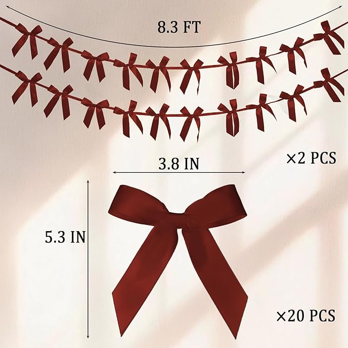 2pcs Burgundy Red Bow Garland Banner - 8.3 Feet Coquette Ribbon Bow Party Decorations for Baby Shower Girls, Birthday Party, Bridal Shower Decor (Burgundy)