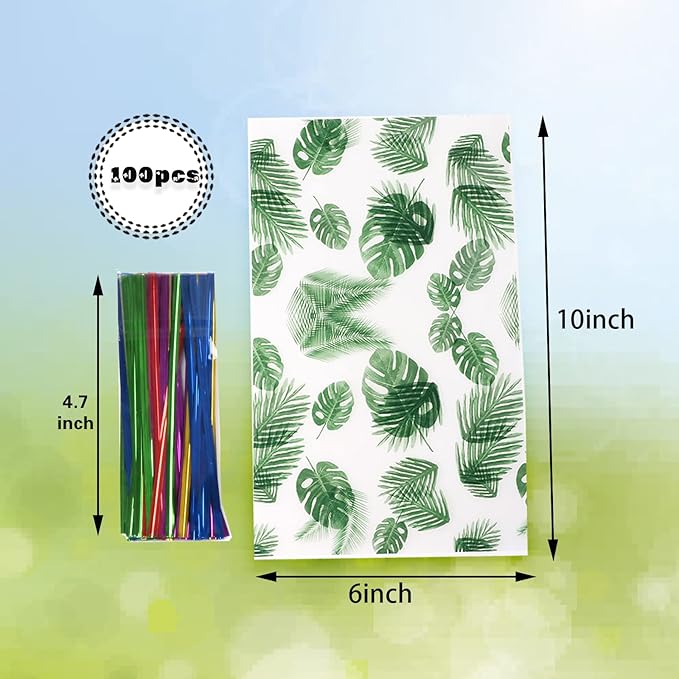 100 Pcs Clear Cellophane Treat Bags, 6 X10 Inches Hawaiian Palm Leaf Cellophane Cookie Bags for Gift Wrapping,Packaging Candies,Dessert,Bakery, Candy, Chocolate,Party Decorations