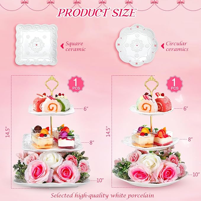 Ctosree 2 Pcs 3 Tier Porcelain Cupcake Stand Round and Square White Ceramic Cake Stand 3 Tier Serving Tray Tiered Dessert Display Embossed Tea Elegant Stands Wedding