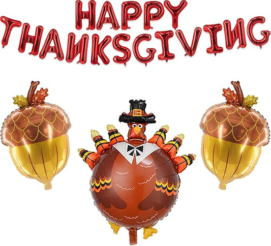 Thanksgiving Balloons Red Happy Thanksgiving Balloons Banner Nut Turkey Balloon for Autumn Fall Harvest Themed Party Supplies Giving Thanks Party Decorations Balloon Sets-20 Pcs