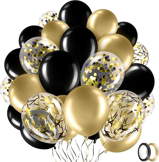 Sratte 60 Pcs 12 Inch Black Gold Balloons Kit Halloween Decorations Confetti Latex Metallic Balloons with 2 Rolls Ribbon Party Favor for Memorial Day, Birthdays