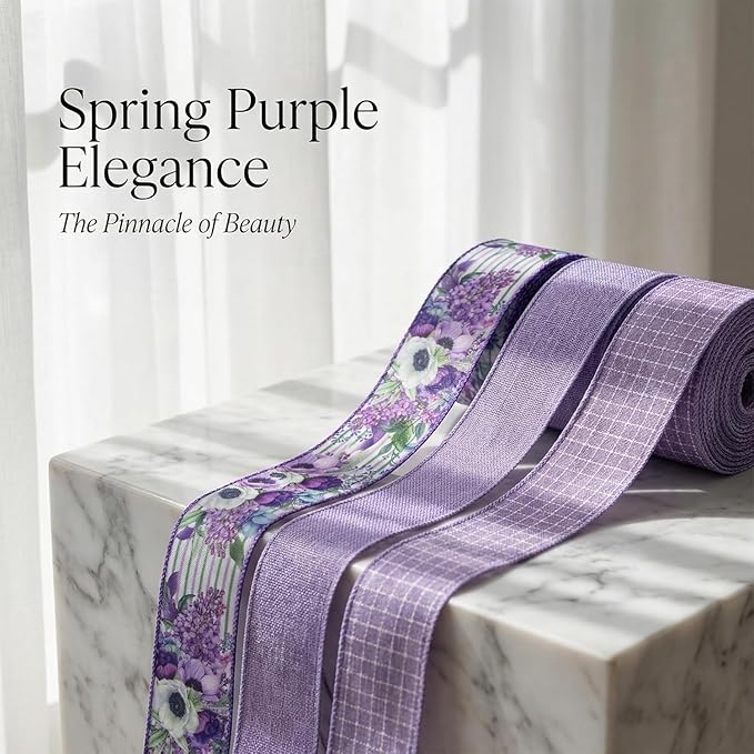 Spring Summer Purple Floral Wired Ribbon, 2.5 InchX 15 Yards Burlap Ribbon for Wreath, Bows, Gift Wrapping, Mother's Day, Wedding & DIY Craft (Purple)