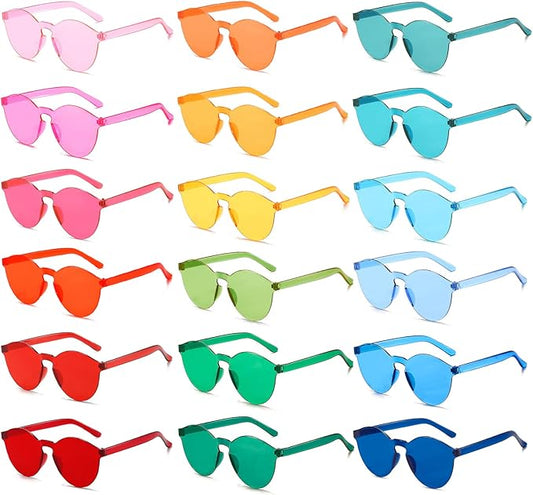 SUNOVELTIES 18/40 Pack Round Shaped Rimless Sunglasses Transparent Candy Color Party Glasses Colored Eyewear for Women