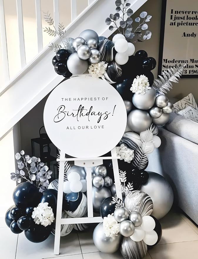 Black and Silver Balloons Garland Arch Kit,135 Pcs Graduation Balloons Kit，Metallic Silver Black White and Confetti Balloons for Graduation Decor，Birthday，Retirement，Wedding, Anniversary Supplie