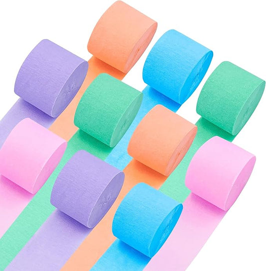 10 Rolls Crepe Paper Streamers, 5 Colors Pastel Streamers Party Decorations for Birthday, Baby Shower, Wedding, Bachelorette, Rainbow Party Backdrop, Kids DIY Crafts