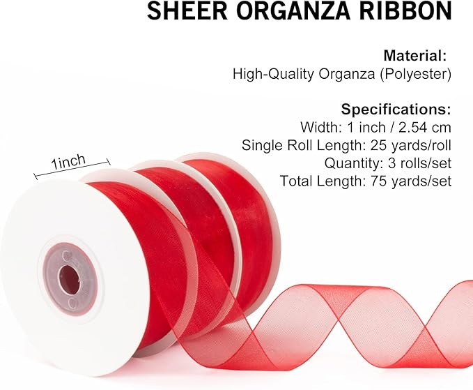 Red Organza Ribbon Red Sheer Ribbon 1 Inch x 75 Yds Clear Red Chiffon Tulle Ribbon Red Ribbon for Gift Wrapping Christmas Tree Flower Bouquet Wedding Invitations Wreaths Bows Crafts, MLU165-4R