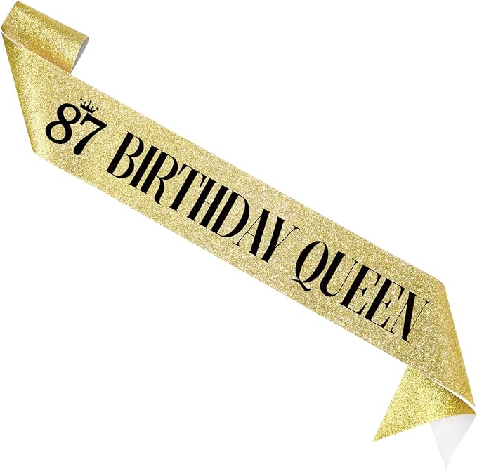 87 Birthday Queen 87th Birthday Sash for Women, Gold Glitter Sash with Black Foil