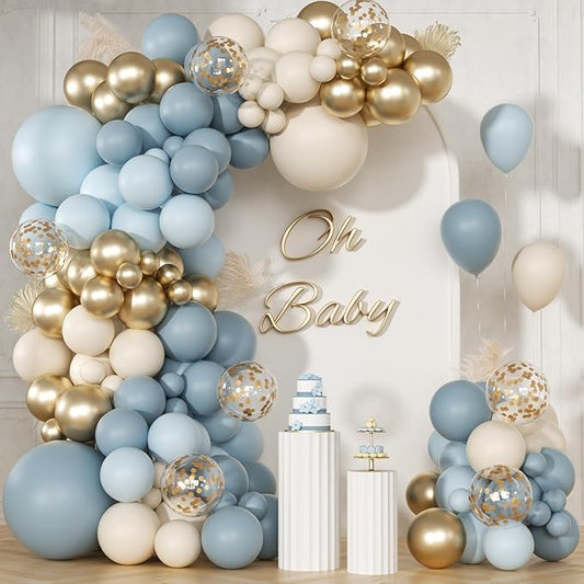 147pcs Dusty Blue Balloon Garland Arch Kit, Light Baby Blue Sand White Metallic Gold Confetti for Birthday Wedding Bridal Shower Boho Baby Shower Party Decorations