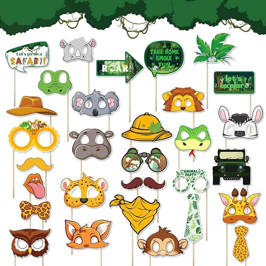 30PCS Jungle Safari Photo Booth Props Wild Animals Forest Themed Party Props Kit for Jungle Safari Kids Baby Shower Birthday Party Decorations Supplies