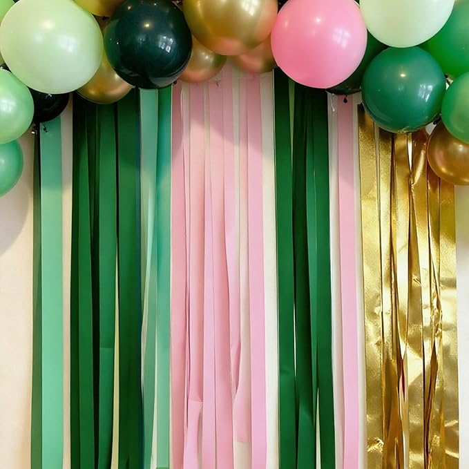 BEISHIDA 8 Rolls Green Gold and Pink Crepe Paper Streamers for Boho Theme Baby Shower Party Decorations Wedding Birthday DIY Craft Paper(1.8 Inch x 82 Ft/Roll)