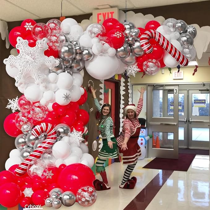 144Pcs Christmas Balloon Arch Garland Kit, Red White Silver Transparent Snowflake Latex Balloons with Candy Cane Foil Balloons for Christmas Winter Wonderland Baby Shower Birthday Party Decorations