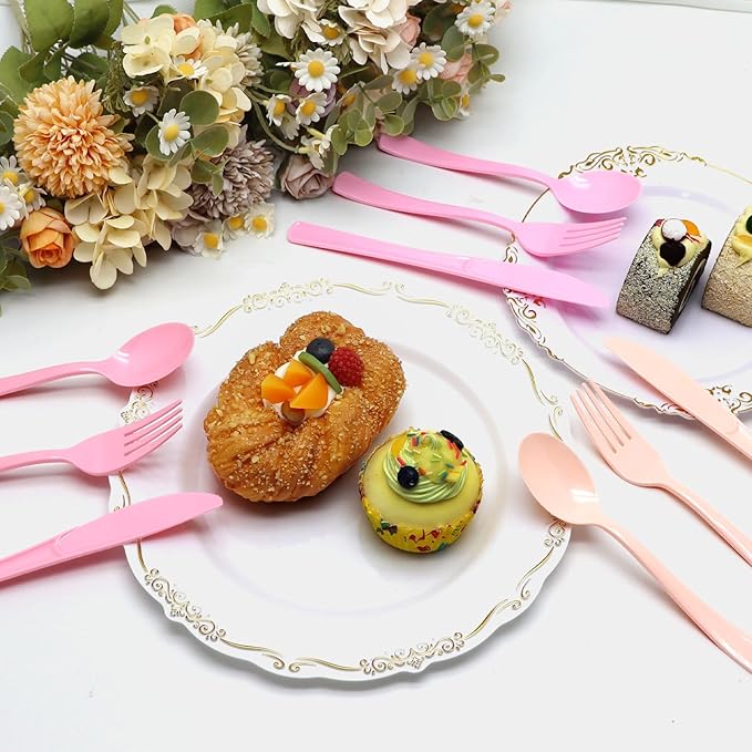 180 PCS Pink Plastic Silverware, Pink Plastic Cutlery Set Disposable 60 Forks, 60 Knives, 60 Spoons for Birthday, Valentine's Day, Baby Shower, Bridal Shower