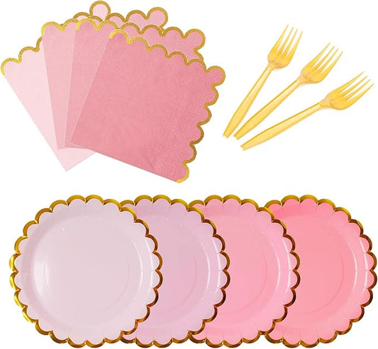 Pink & gold mix scalloped party plates with napkins and fork gold foil border, 24 Guest Pink disposable Tableware Set Party Decoration for Birthday Coquette Bridal Baby Shower Valentines