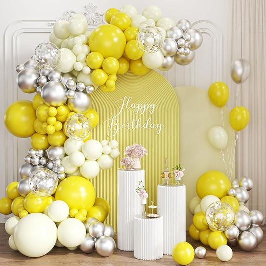 Yellow Silver Balloon Garland Arch Kit, 167Pcs Latex Balloons Different Sizes 18 12 10 5 inch for Birthday Bee themed Baby Shower Graduation Wedding Party Decorations