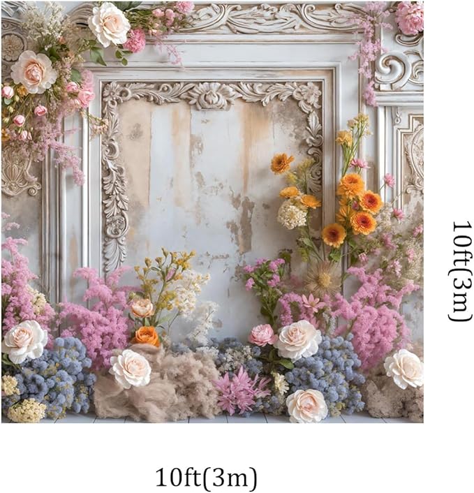 Kate 10x10ft Frame Style Retro Wall Wedding Portrait Photography Backdrops Colorful Fresh and Dried Flowers Romantic Sweetheart Birthday Photo Background
