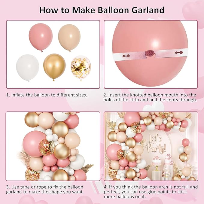 Pink White Balloon Arch Kit, Retro Pink Nude Matte White Metallic Gold Balloons and Gold Confetti Balloons for Valentines Day Boho Engagement Wedding Bridal Shower Birthday Decorations