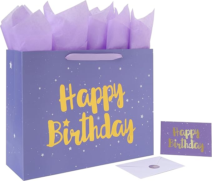 Qirrmiy 16.5” Extra Large Purple Happy Birthday Gift Bag Set with Handles, Greeting Card, Tissue Papers and Stickers for Women Girls Kids, Stars Design, 1 Pcs.