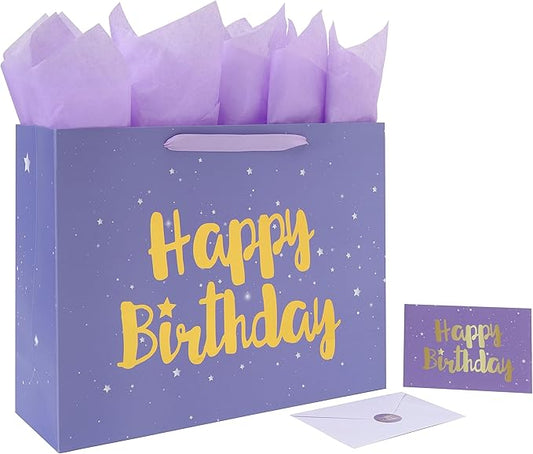 Qirrmiy 16.5” Extra Large Purple Happy Birthday Gift Bag Set with Handles, Greeting Card, Tissue Papers and Stickers for Women Girls Kids, Stars Design, 1 Pcs.