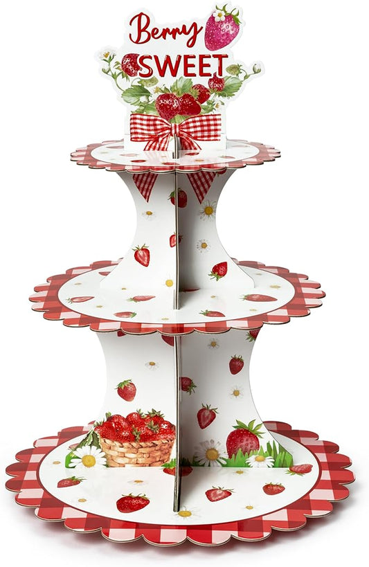 Haooryx Strawberry Cupcake Stand - 3 Tier Berry Sweet Red Plaid Cupcake Tower Cardboard Dessert Holder Pastry Platter for Baby Shower Girls Birthday Spring Summer Holiday Party Table Decoration Supply
