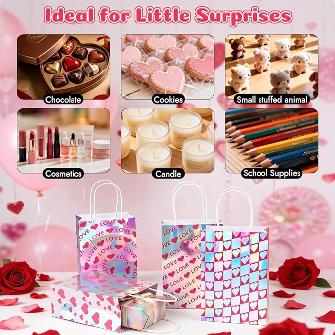 Shintop 24Pcs Iridescent Gift Bags with Handles, Small Holographic Mothers Day Goodie Bags Reusable Paper Party Favor Pouches Bulk for Valentine & Birthday Parties (8.3 x 5.9 x 3.1 in)