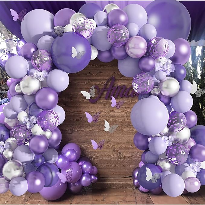 Amandir 144Pcs Purple Balloons Garland Arch Kit for Butterfly Baby Shower Decorations for Girl, 12Pcs Butterfly Stickers Lavender Purple Confetti Metallic Balloon for Birthday Wedding Party Decoration