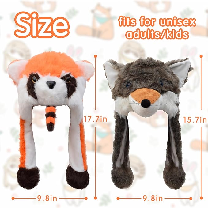 2 Pack Animal Hat Fox and Raccoon Plush Fun Jungle Animal Hats One Size Cap Polyester With Fleece Lining