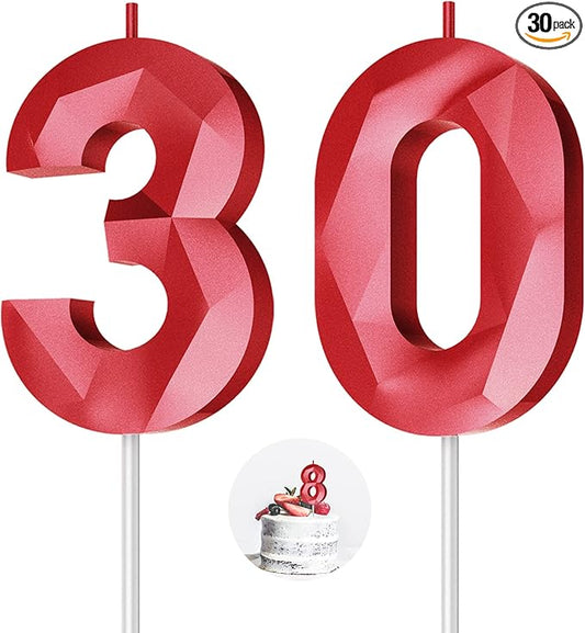 Number Birthday Candles(30 Candle Red) 3D Diamond Shape Number Happy Birthday Cake Candles for Birthday Party Wedding Decoration Reunions Theme Party