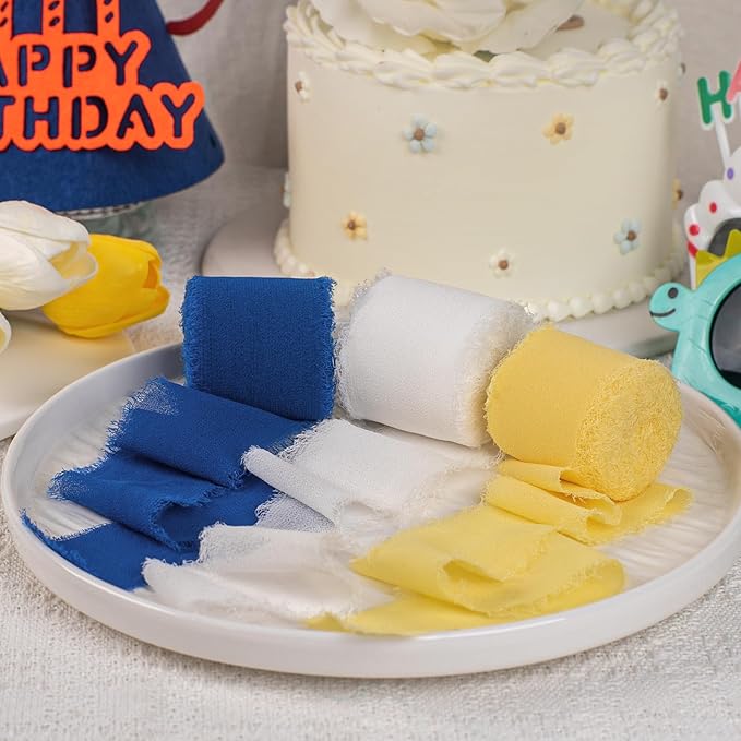 Chiffon Ribbon, Blue Yellow White Silk Ribbon, 1-1/2''x21Yd Handmade Frayed Fringe Ribbon for Wrapping, Floral Vase Decor, Graduation, Birthday, New Year Party Decoration, Shower, 3 Rolls