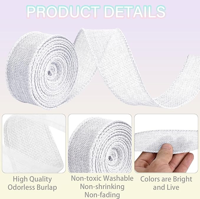 White Burlap Ribbon 1 inch X 10 Yard Natural Burlap Woven Ribbons DIY Handmade Edging Production Wreath Holiday Decoration Gift Ribbon for Gift Wrapping Jute Linen White Ribbons