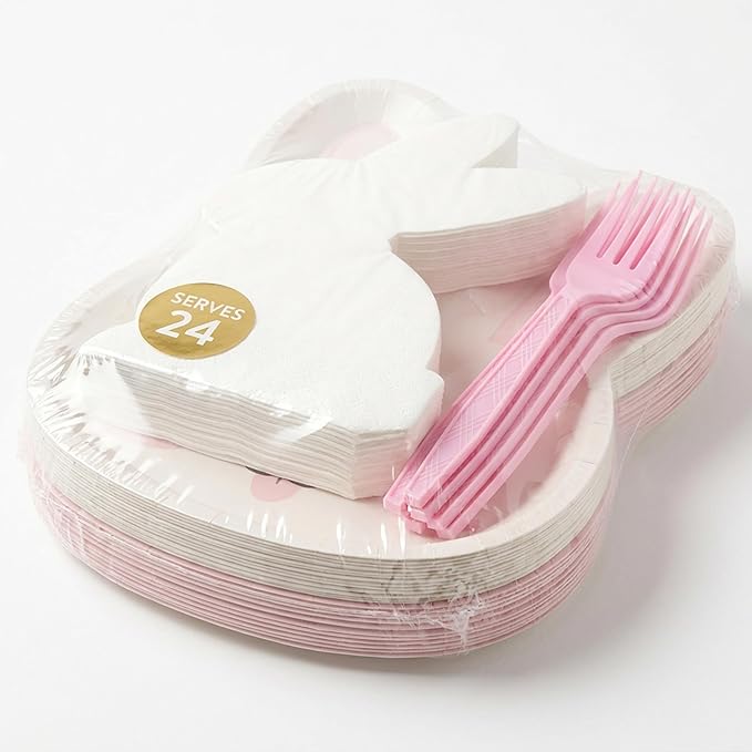 72 Pcs Pink Bunny Party Napkins and Plates Disposable for 24 Guests, Cute 9" Paper Plates, Cocktail Napkins, Forks, Party Supplies for Birthday, Bridal Shower Decorations