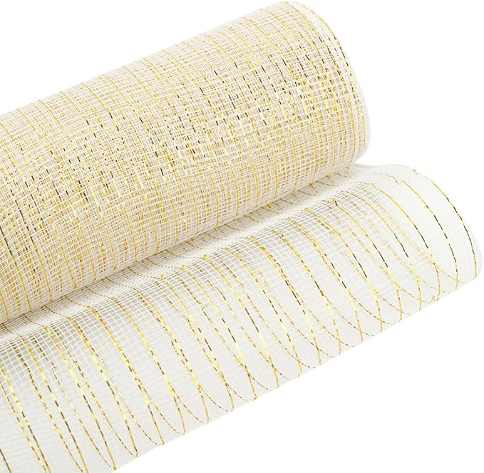 3 Rolls Milk White Deco Mesh Ribbon for Wreath Making Supplies, 10 Inch x 30FT Metallic Foil Burlap Deco Mesh Fabric for DIY Crafts Christmas Tree New Year Wreath Swags and Decorating