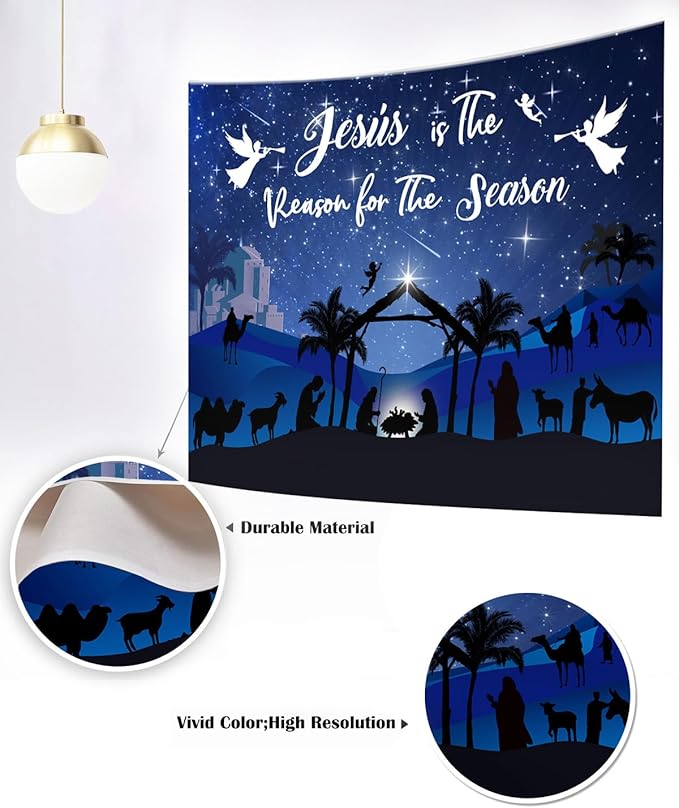 Mocsicka Christmas Nativity Backdrop Blue Large Merry Christams Party Decorations Banner Xmas Christmas Jesus is The Reason for The Season Background Photo Booth (Blue, 10x7ft(120"x82"))
