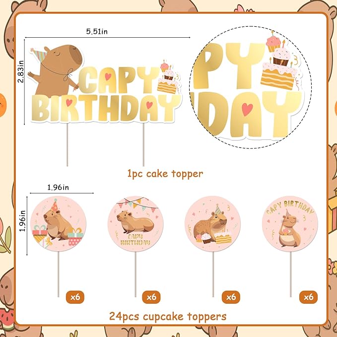 Cheereveal 25Pcs Capybara Happy Birthday Cake Decorations Pink, Cute Cartoon Capybara Cupcake Toppers, Capy Animal Theme Birthday Baby Shower Party Supplies