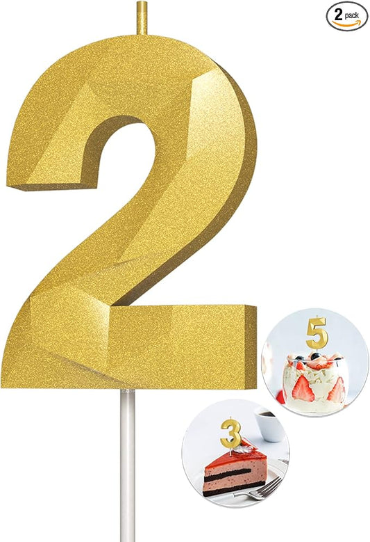 Number Birthday Candles(2 Candle Gold) 3D Diamond Shape Number Happy Birthday Cake Candles for Birthday Party Wedding Decoration Reunions Theme Party