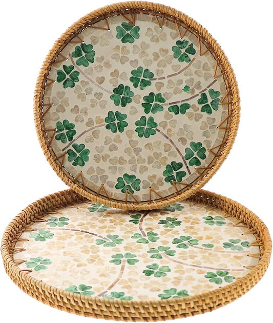 Round Rattan Tray with Mother of Pearl Inlay, Handwoven Wicker Coffee Table Serving Basket Tray for Fruit Snack Party Picnic Cafe Bedroom Kitchen Home Decor Set of 2 (Four Leaf Clover)