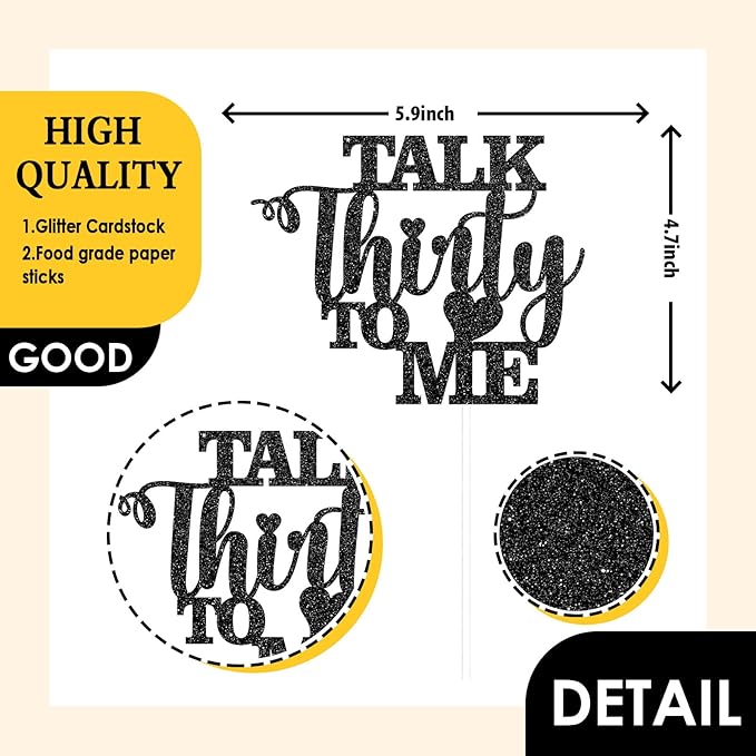 Talk Thirty to Me Cake Topper, Black Glitter Dirty 30 for 30th Birthday Wedding Anniversary Hello 30 Party Decoration Supplies