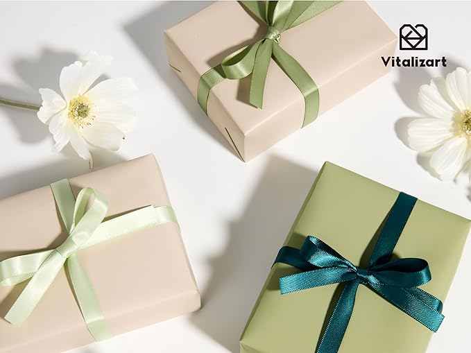 Vitalizart Green Satin Ribbon 3/8” x 3 Rolls 120 Yards Ribbon for Gift Wrapping Hair Craft Party Decoration Flower Bouquet Wedding Double Face Light Sage Dark Green
