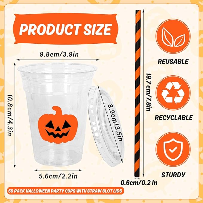 Whaline 50 Pcs Halloween Disposable Plastic Cups with Lids and Straws Orange Spooky Pumpkin Face Cold Beverage Drinking Cups for Trick or Treat Birthday Party Supplies