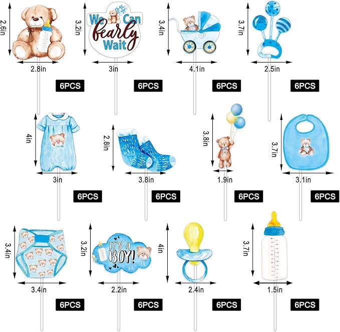 Whaline 72Pcs Bear Baby Shower Cupcake Topper Blue Baby Boy Cupcake Picks We Can Bearly Wait Cake Decorations for Baby Shower Kids Boys Birthday Party Supplies, 12 Designs
